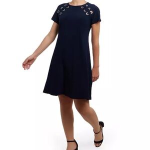 MSK Women's Blue Grommet‎ Crewneck Short Sleeve Fit & Flare Dress Size L Office